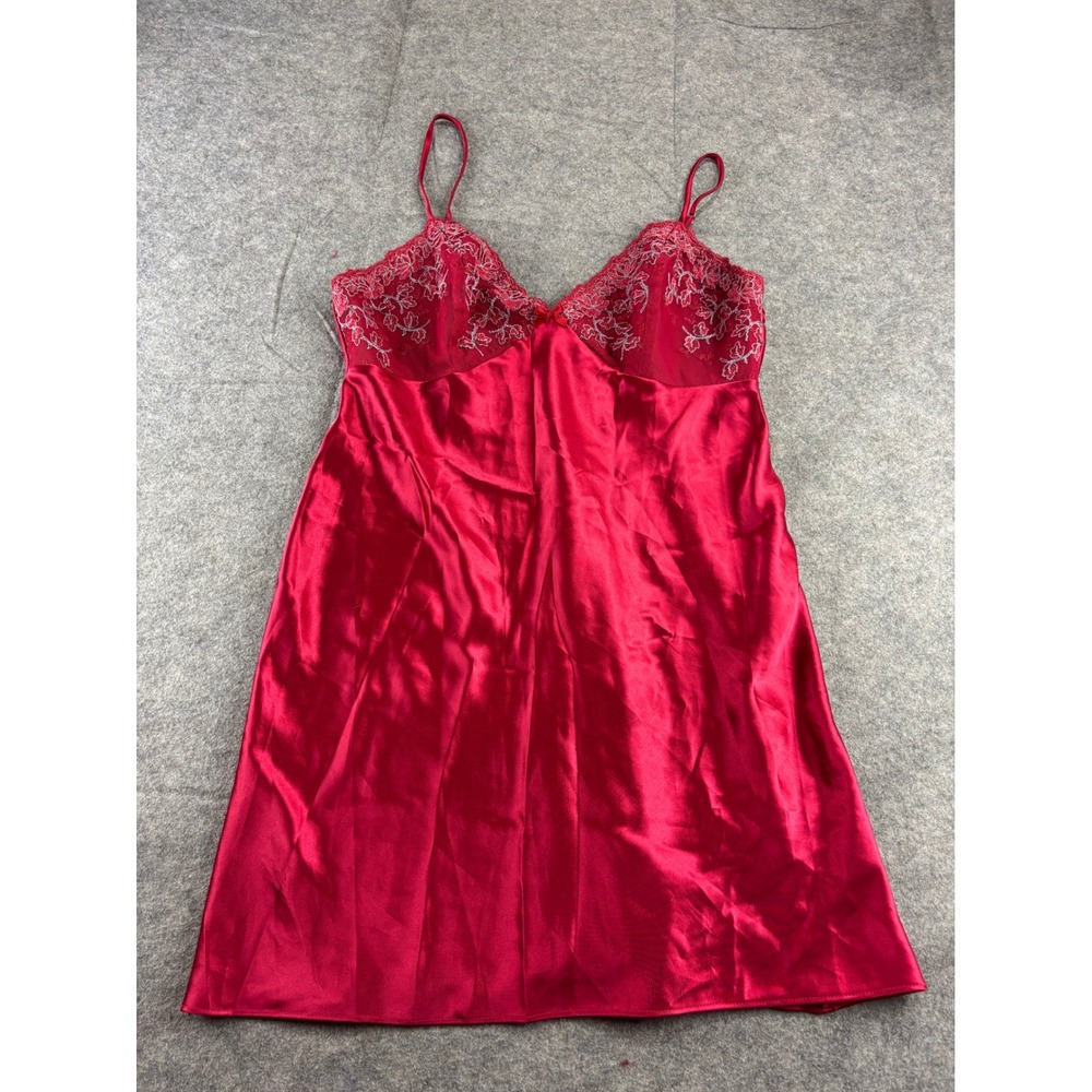 California Dynasty Red Satin Embroidered Lace Chemise Nightgown Womens L VTG